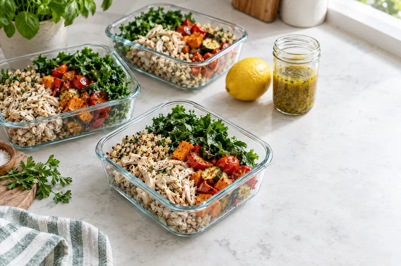 Glass meal-prep containers of shredded chicken, grains, roasted vegetables and kale, beside a lemon and a jar of dressing